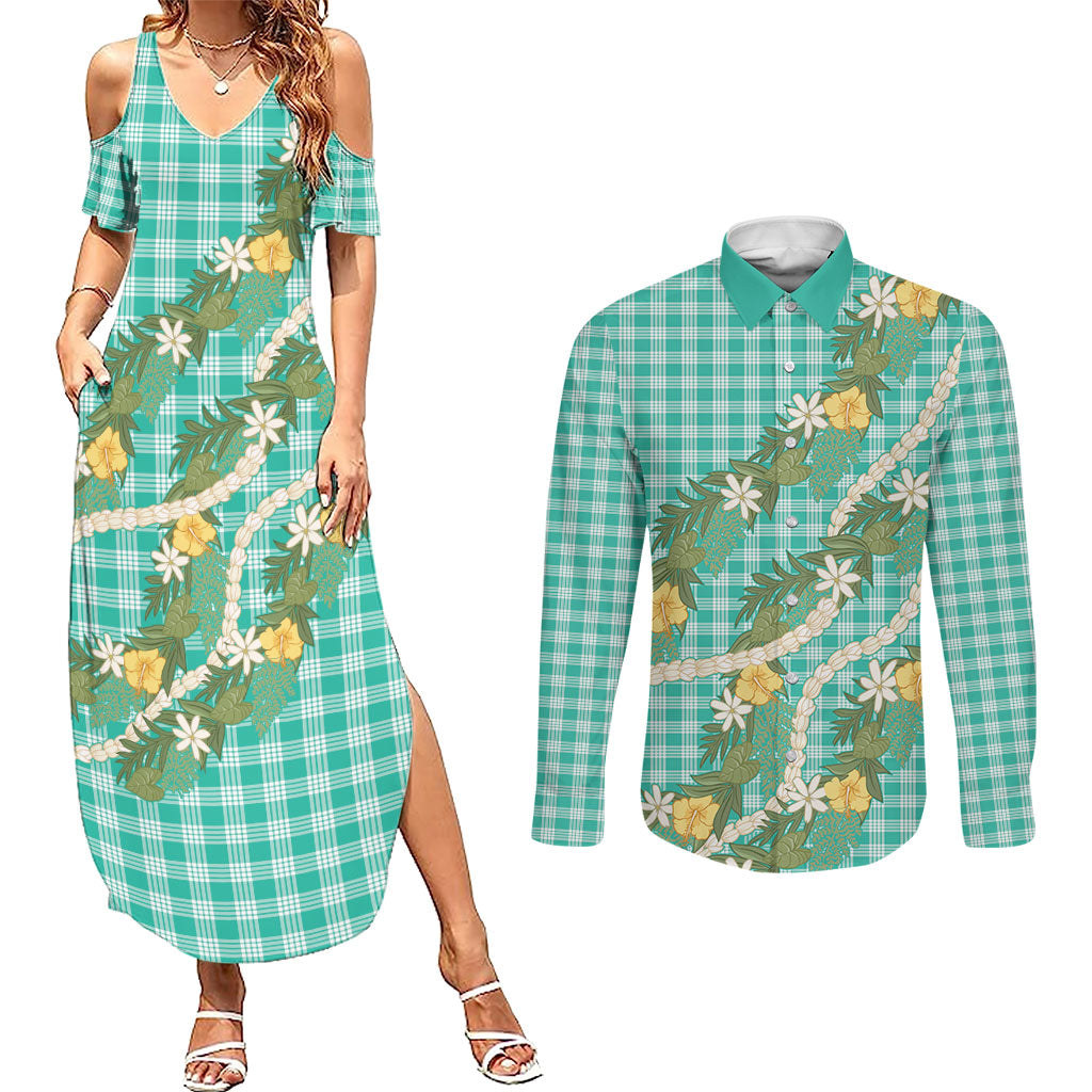 Aloha Puakenikeni Anthurium Pikake Lei Couples Matching Summer Maxi Dress and Long Sleeve Button Shirt Marine Hawaiian Palaka Pattern