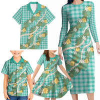 Aloha Puakenikeni Anthurium Pikake Lei Family Matching Long Sleeve Bodycon Dress and Hawaiian Shirt Marine Hawaiian Palaka Pattern LT9 - Polynesian Pride