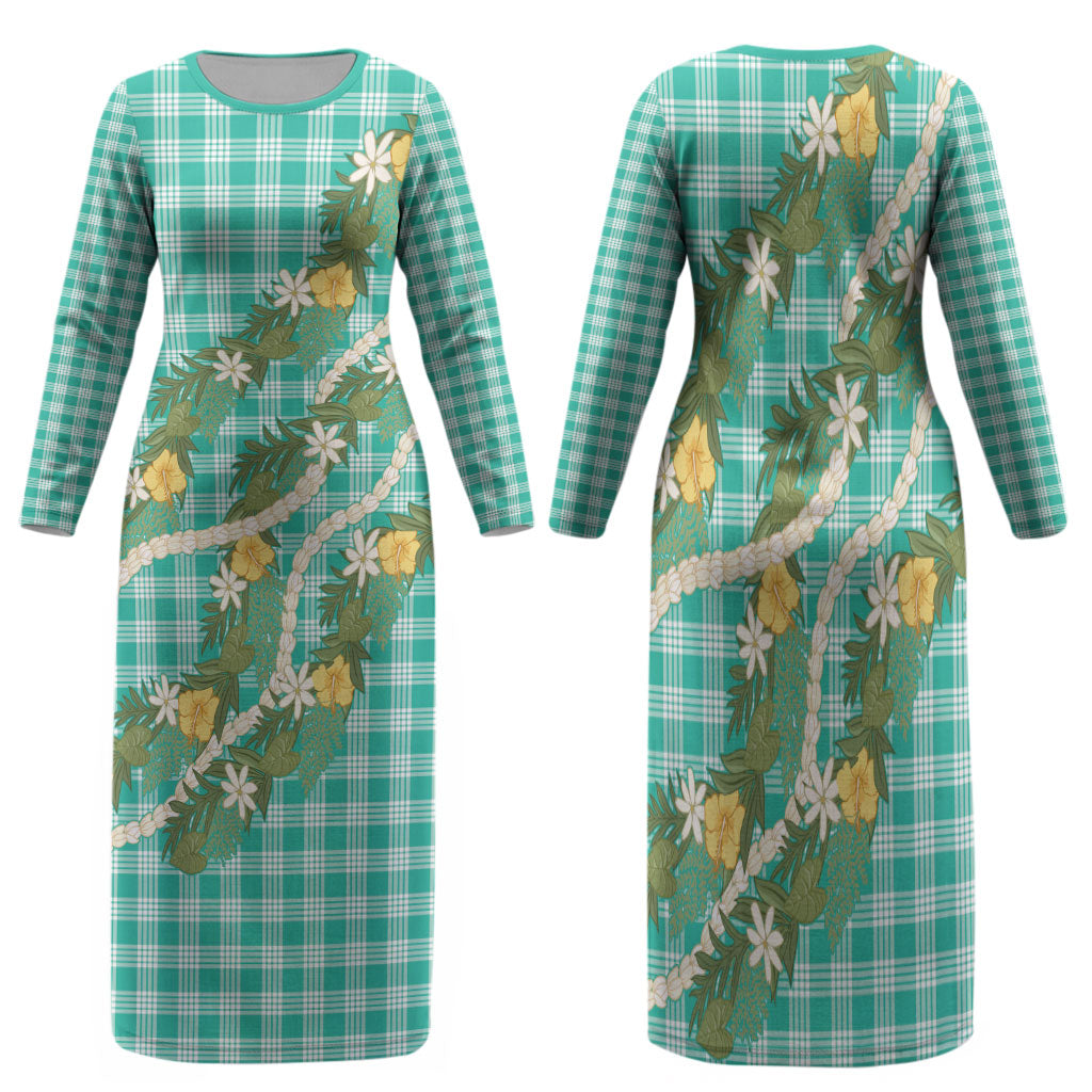 Aloha Puakenikeni Anthurium Pikake Lei Family Matching Long Sleeve Bodycon Dress and Hawaiian Shirt Marine Hawaiian Palaka Pattern LT9 Mom's Dress Marine - Polynesian Pride