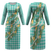 Aloha Puakenikeni Anthurium Pikake Lei Family Matching Long Sleeve Bodycon Dress and Hawaiian Shirt Marine Hawaiian Palaka Pattern LT9 Mom's Dress Marine - Polynesian Pride