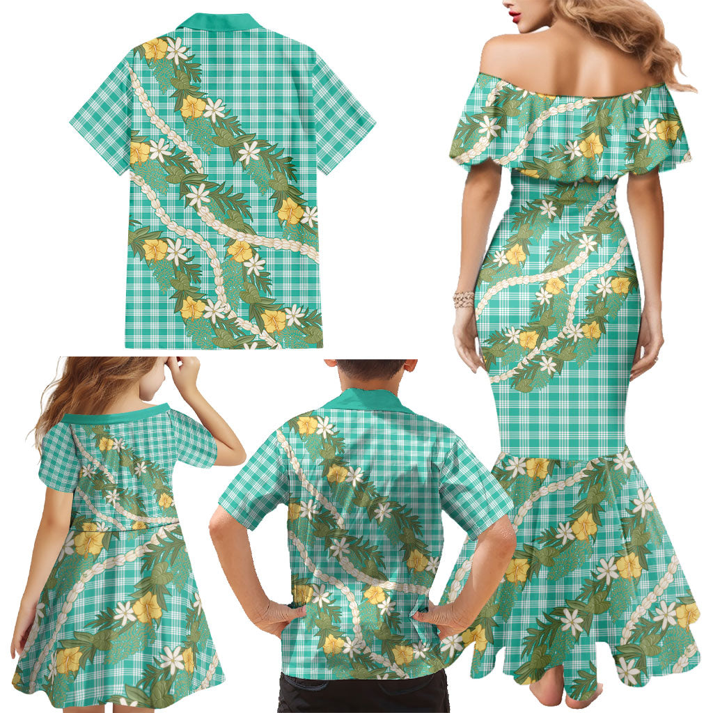Aloha Puakenikeni Anthurium Pikake Lei Family Matching Mermaid Dress and Hawaiian Shirt Marine Hawaiian Palaka Pattern