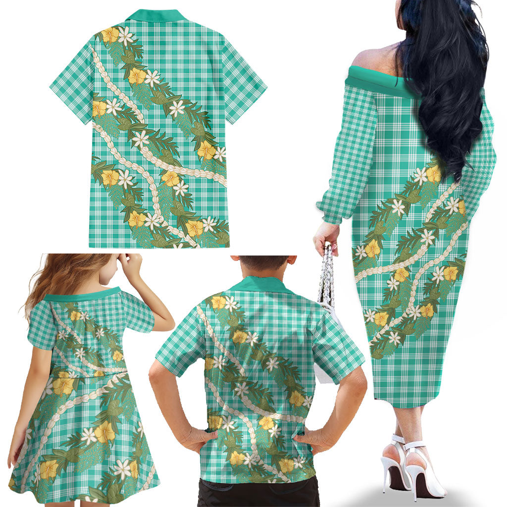 Aloha Puakenikeni Anthurium Pikake Lei Family Matching Off The Shoulder Long Sleeve Dress and Hawaiian Shirt Marine Hawaiian Palaka Pattern