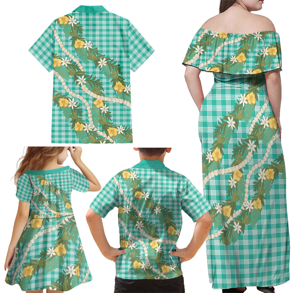 Aloha Puakenikeni Anthurium Pikake Lei Family Matching Off Shoulder Maxi Dress and Hawaiian Shirt Marine Hawaiian Palaka Pattern