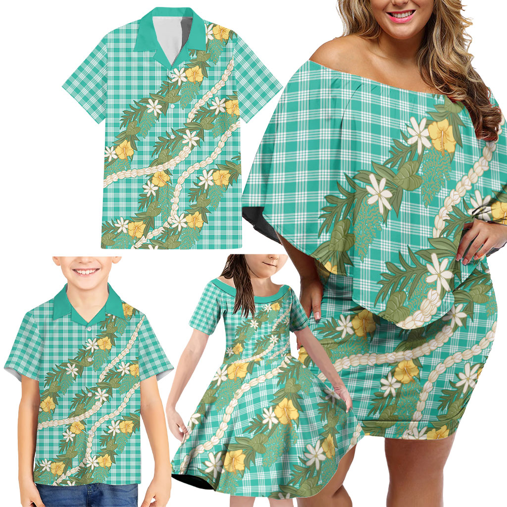 Aloha Puakenikeni Anthurium Pikake Lei Family Matching Off Shoulder Short Dress and Hawaiian Shirt Marine Hawaiian Palaka Pattern