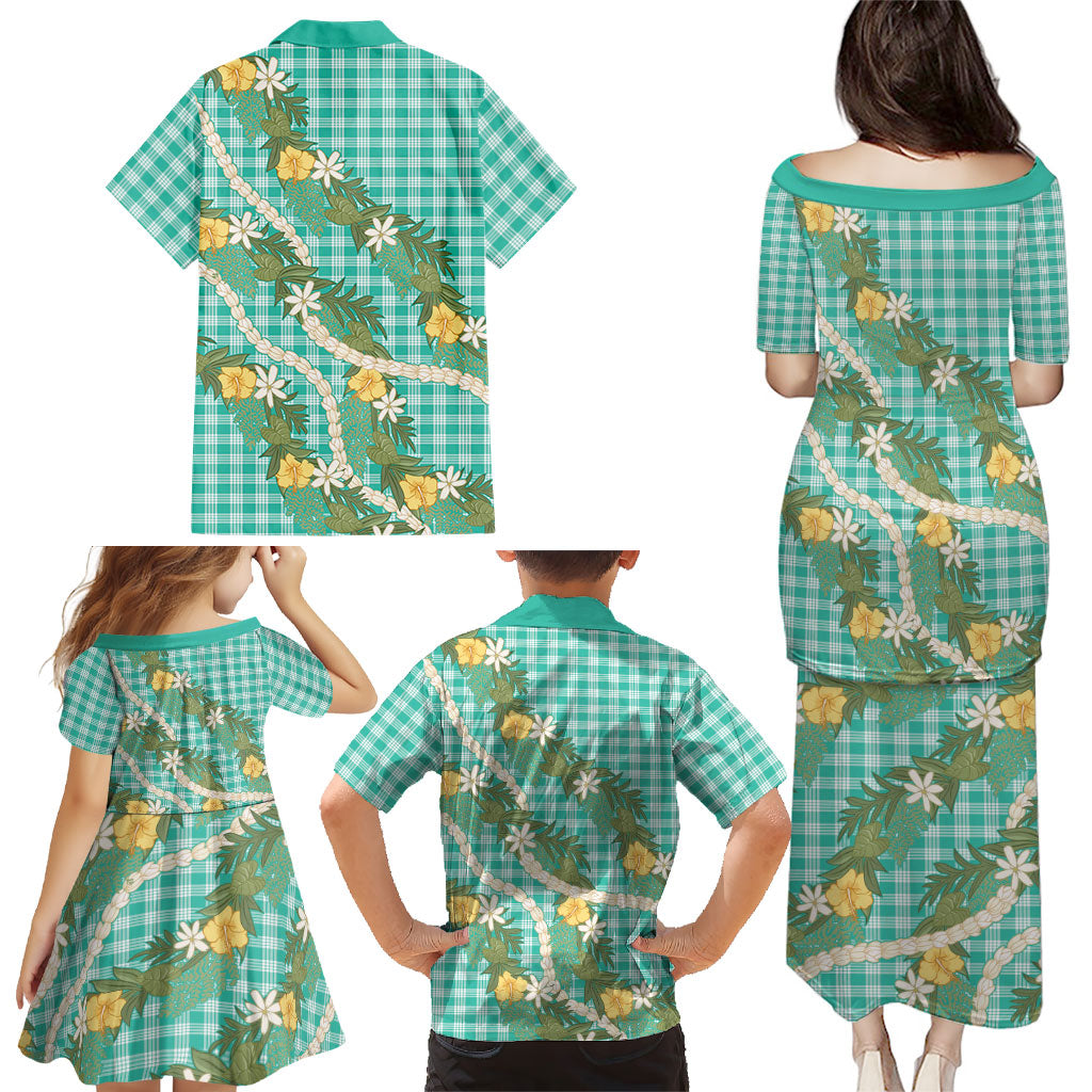 Aloha Puakenikeni Anthurium Pikake Lei Family Matching Puletasi and Hawaiian Shirt Marine Hawaiian Palaka Pattern