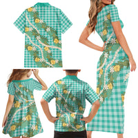 Aloha Puakenikeni Anthurium Pikake Lei Family Matching Short Sleeve Bodycon Dress and Hawaiian Shirt Marine Hawaiian Palaka Pattern