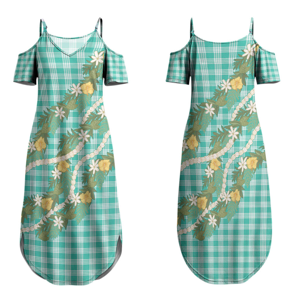 Aloha Puakenikeni Anthurium Pikake Lei Family Matching Summer Maxi Dress and Hawaiian Shirt Marine Hawaiian Palaka Pattern LT9 Mom's Dress Marine - Polynesian Pride