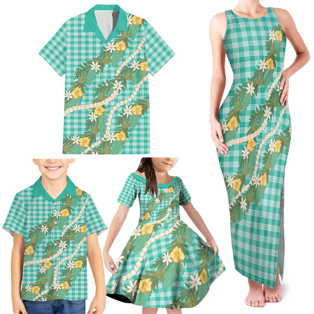 Aloha Puakenikeni Anthurium Pikake Lei Family Matching Tank Maxi Dress and Hawaiian Shirt Marine Hawaiian Palaka Pattern