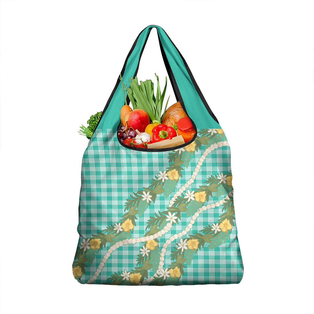 Aloha Puakenikeni Anthurium Pikake Lei Grocery Bag Marine Hawaiian Palaka Pattern