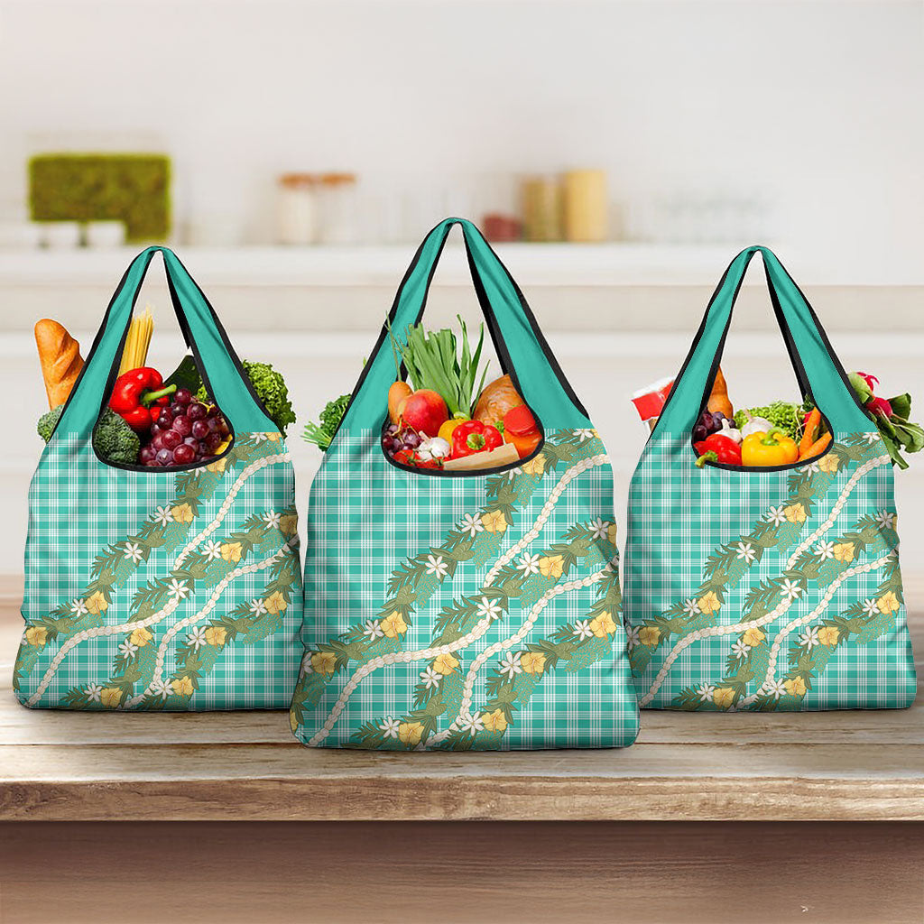 Aloha Puakenikeni Anthurium Pikake Lei Grocery Bag Marine Hawaiian Palaka Pattern