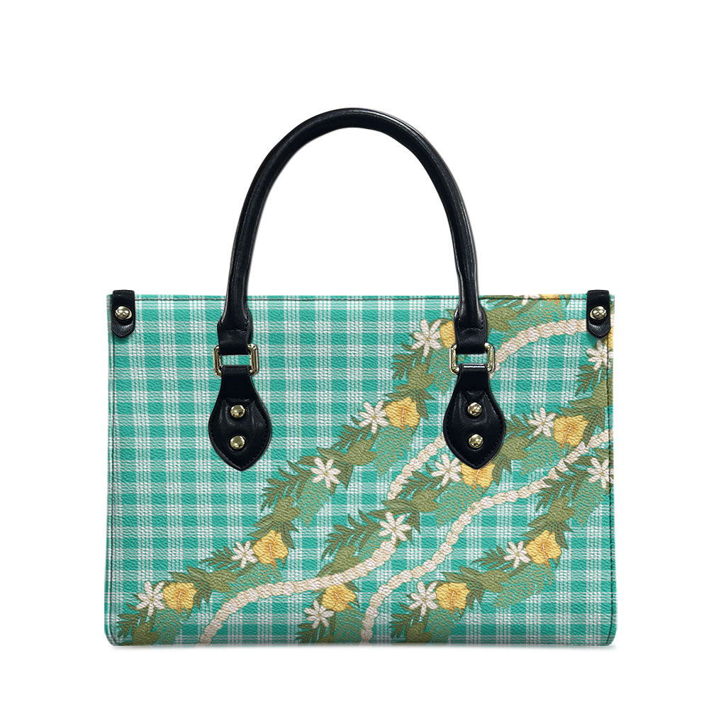 Aloha Puakenikeni Anthurium Pikake Lei Leather Bag Marine Hawaiian Palaka Pattern