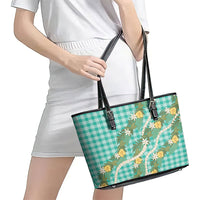 Aloha Puakenikeni Anthurium Pikake Lei Leather Tote Bag Marine Hawaiian Palaka Pattern