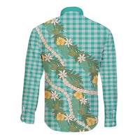 Aloha Puakenikeni Anthurium Pikake Lei Long Sleeve Button Shirt Marine Hawaiian Palaka Pattern
