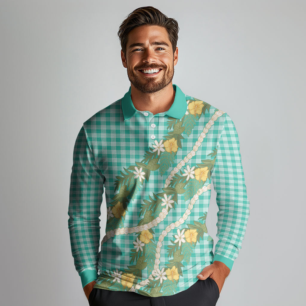 Aloha Puakenikeni Anthurium Pikake Lei Long Sleeve Polo Shirt Marine Hawaiian Palaka Pattern