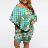 Aloha Puakenikeni Anthurium Pikake Lei Off Shoulder Short Dress Marine Hawaiian Palaka Pattern LT9 Women Marine - Polynesian Pride