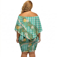 Aloha Puakenikeni Anthurium Pikake Lei Off Shoulder Short Dress Marine Hawaiian Palaka Pattern LT9 - Polynesian Pride