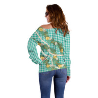 Aloha Puakenikeni Anthurium Pikake Lei Off Shoulder Sweater Marine Hawaiian Palaka Pattern