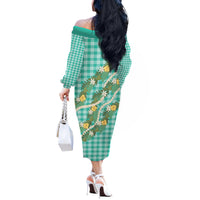 Aloha Puakenikeni Anthurium Pikake Lei Off The Shoulder Long Sleeve Dress Marine Hawaiian Palaka Pattern