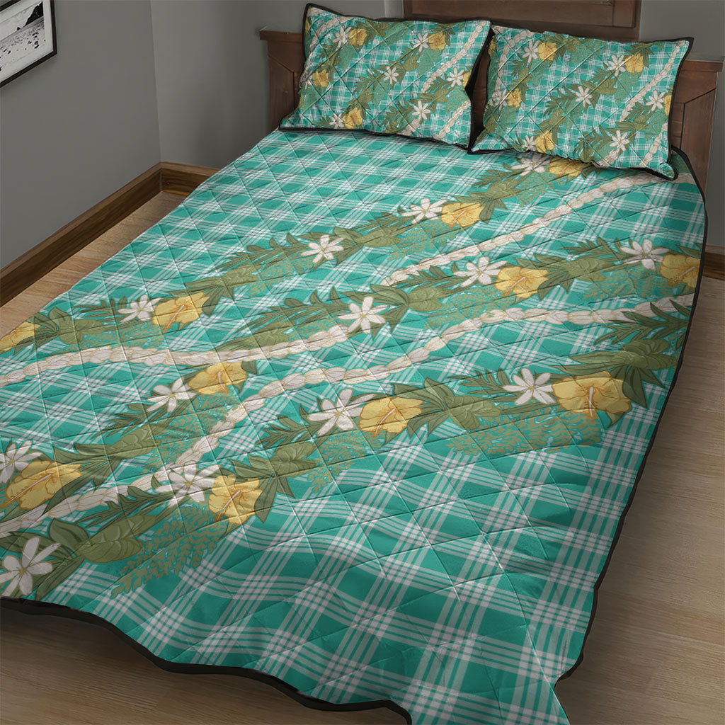 Aloha Puakenikeni Anthurium Pikake Lei Quilt Bed Set Marine Hawaiian Palaka Pattern LT9 - Polynesian Pride
