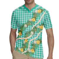 Aloha Puakenikeni Anthurium Pikake Lei Rugby Jersey Marine Hawaiian Palaka Pattern