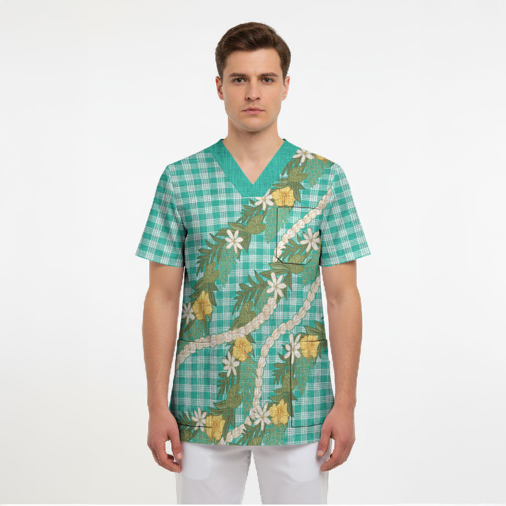 Aloha Puakenikeni Anthurium Pikake Lei Scrub Top Marine Hawaiian Palaka Pattern LT9 - Polynesian Pride