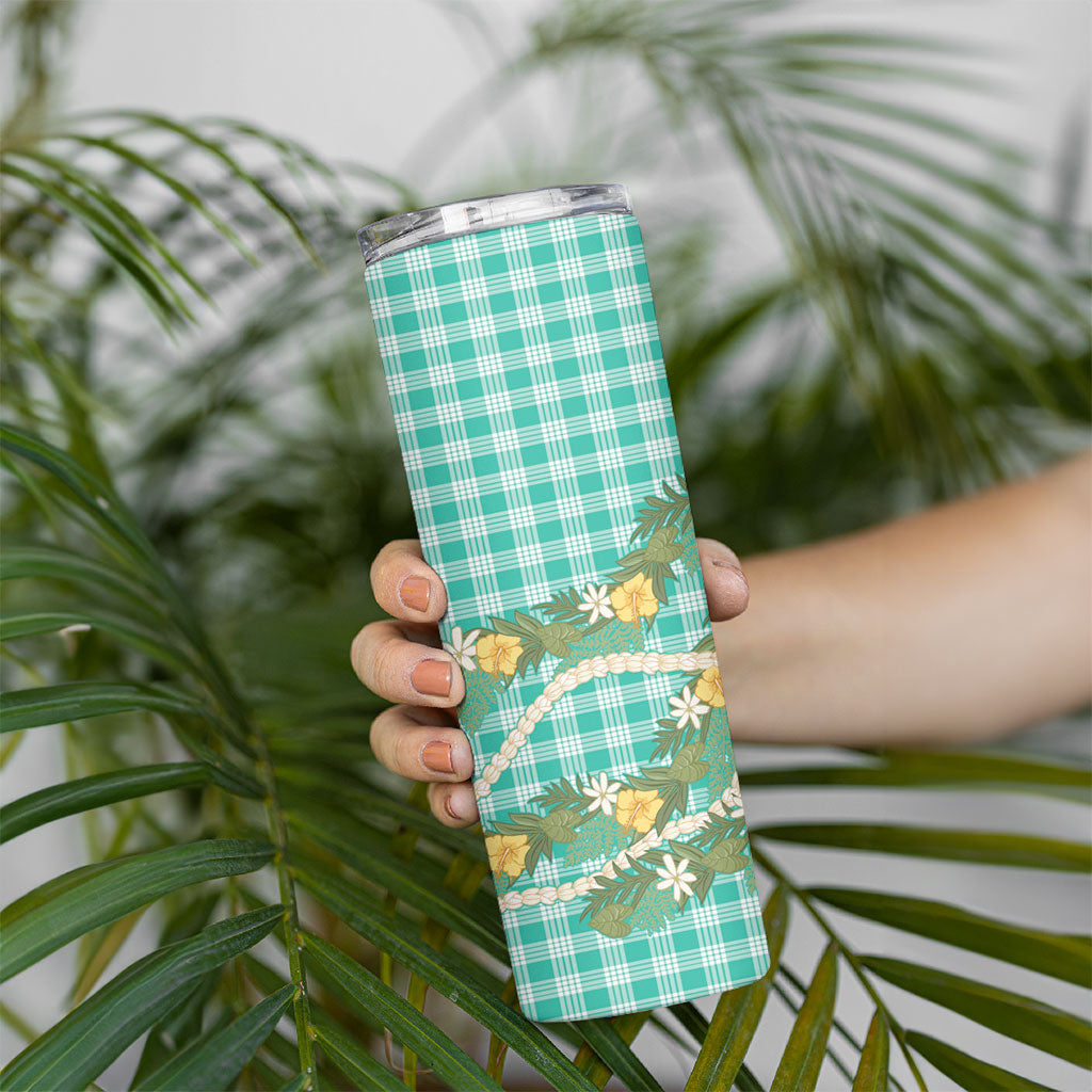Aloha Puakenikeni Anthurium Pikake Lei Skinny Tumbler Marine Hawaiian Palaka Pattern