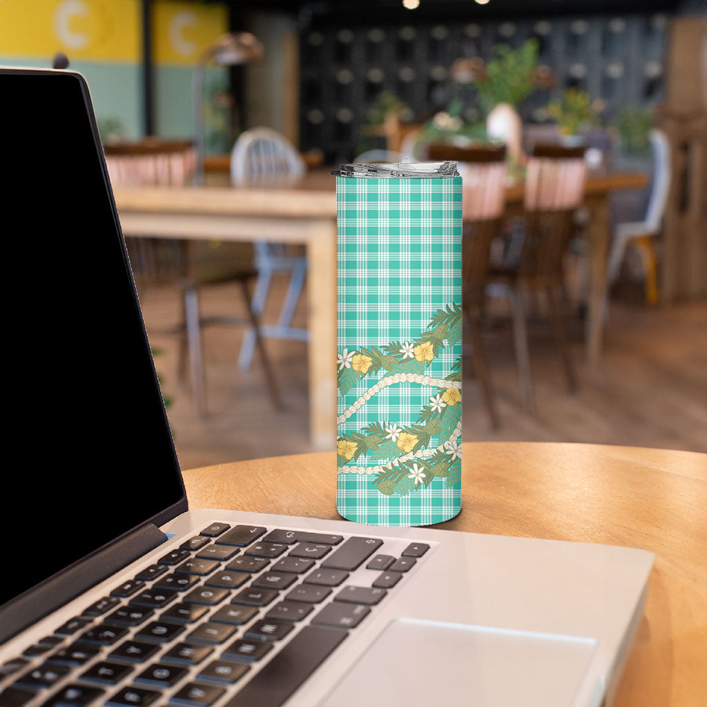 Aloha Puakenikeni Anthurium Pikake Lei Skinny Tumbler Marine Hawaiian Palaka Pattern