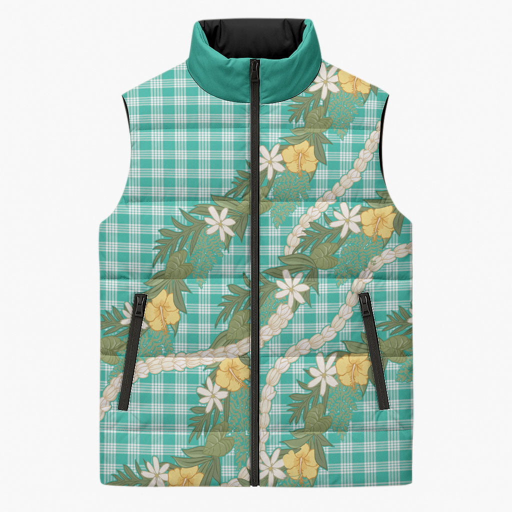 Aloha Puakenikeni Anthurium Pikake Lei Sleeveless Puffer Jacket Marine Hawaiian Palaka Pattern