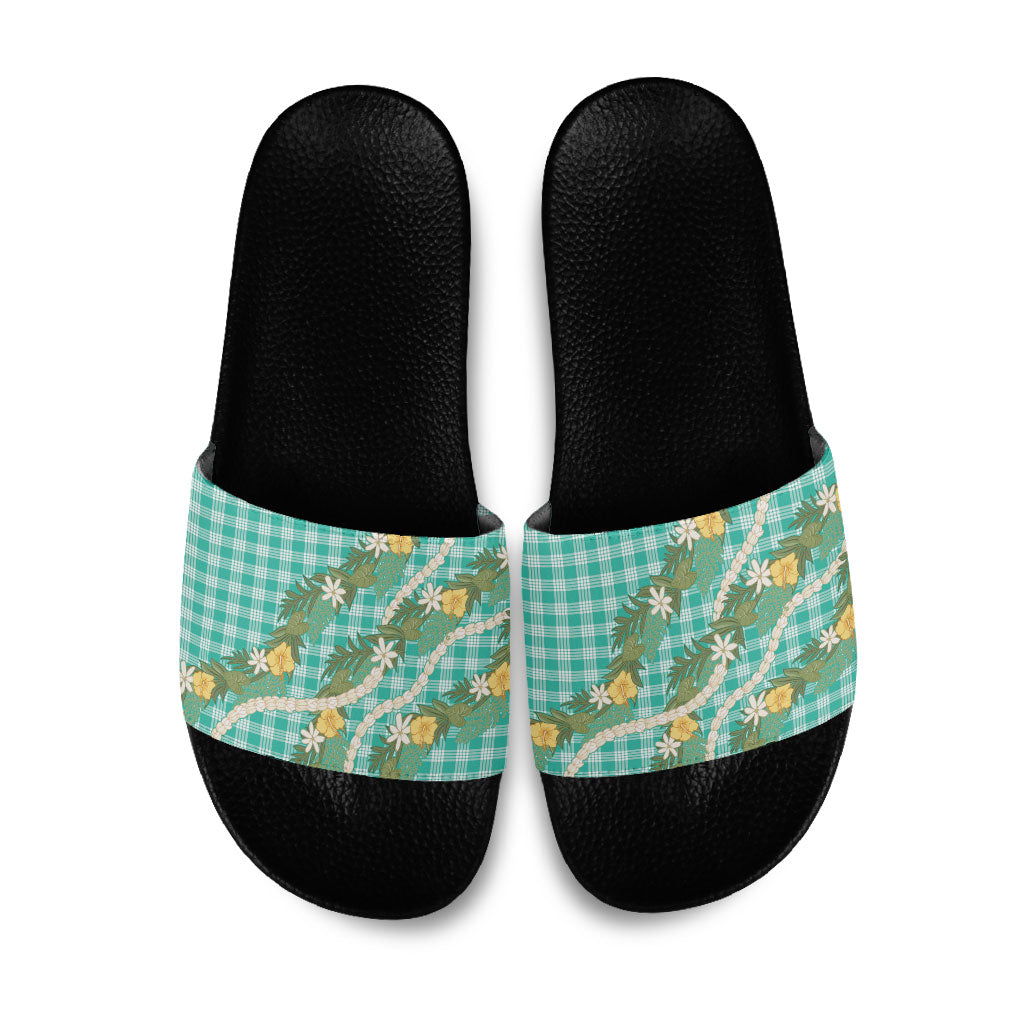Aloha Puakenikeni Anthurium Pikake Lei Slide Sandals Marine Hawaiian Palaka Pattern LT9 Marine - Polynesian Pride