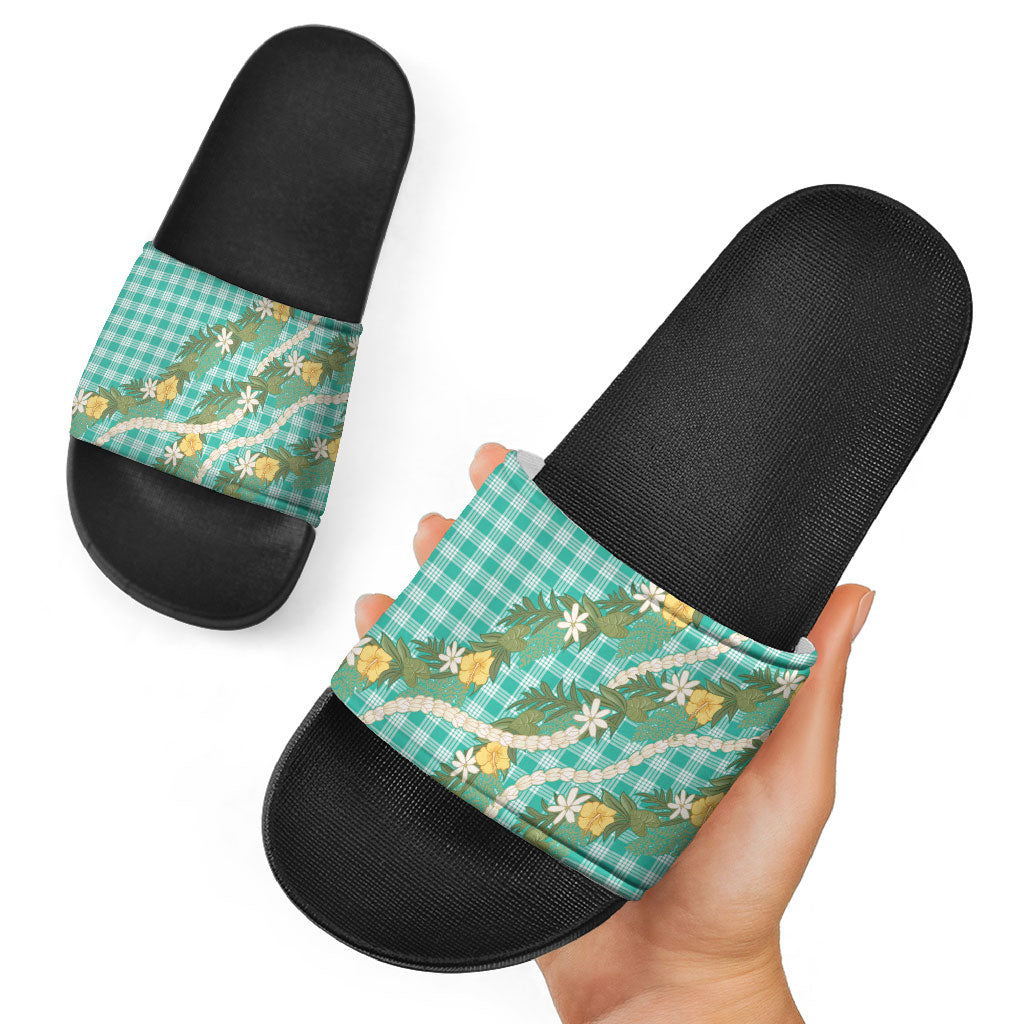 Aloha Puakenikeni Anthurium Pikake Lei Slide Sandals Marine Hawaiian Palaka Pattern LT9 - Polynesian Pride