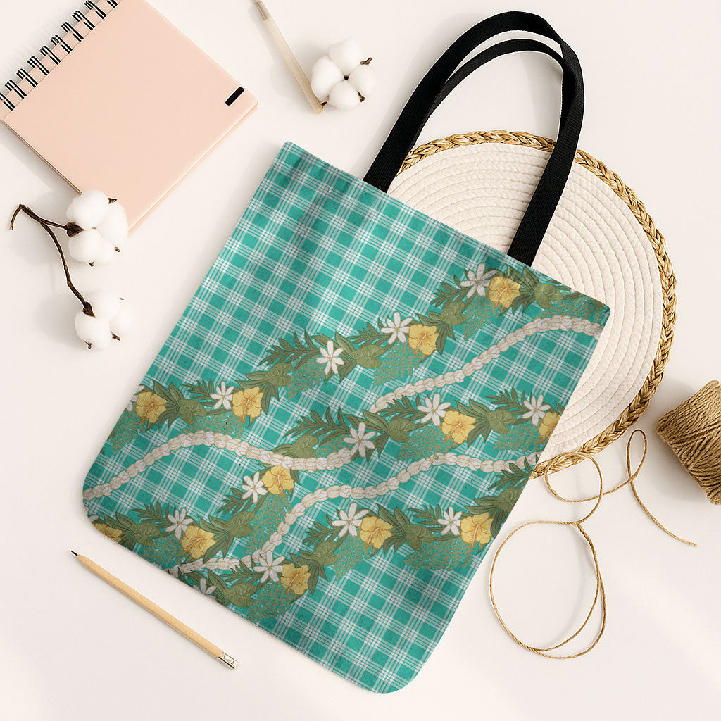 Aloha Puakenikeni Anthurium Pikake Lei Tote Bag Marine Hawaiian Palaka Pattern