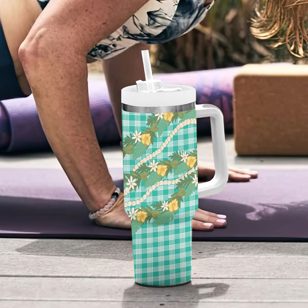 Aloha Puakenikeni Anthurium Pikake Lei Tumbler With Handle Marine Hawaiian Palaka Pattern
