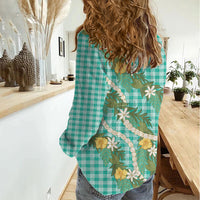 Aloha Puakenikeni Anthurium Pikake Lei Women Casual Shirt Marine Hawaiian Palaka Pattern