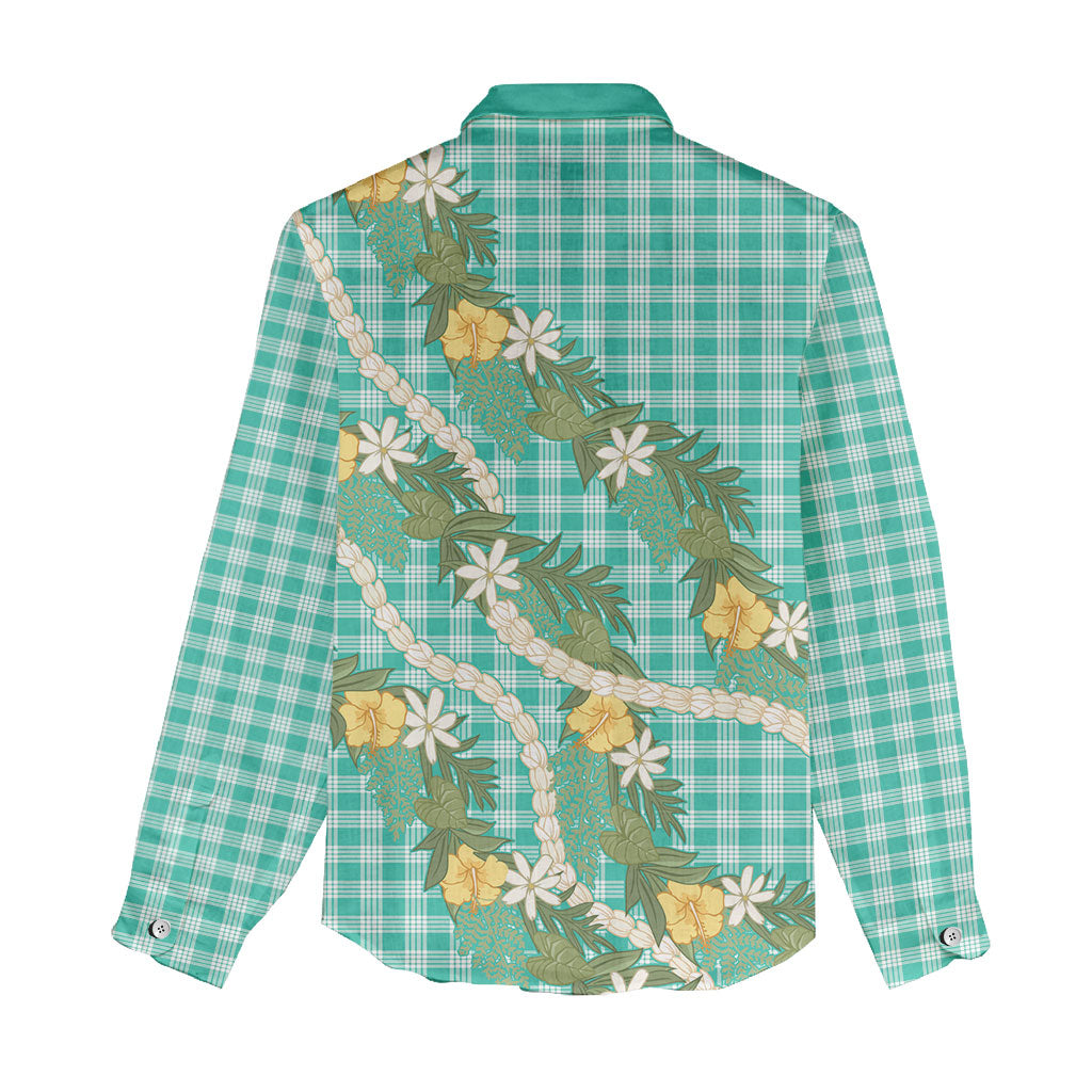 Aloha Puakenikeni Anthurium Pikake Lei Women Casual Shirt Marine Hawaiian Palaka Pattern