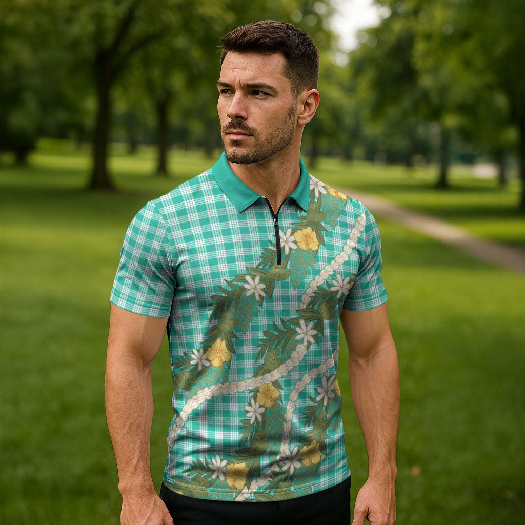 Aloha Puakenikeni Anthurium Pikake Lei Zipper Polo Shirt Marine Hawaiian Palaka Pattern