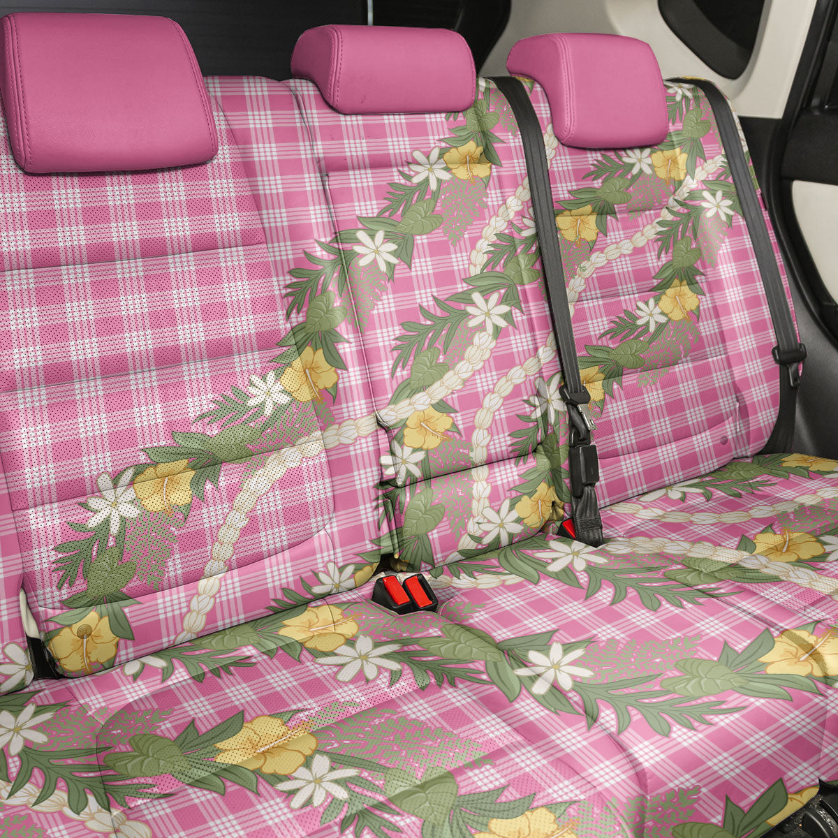 Aloha Puakenikeni Anthurium Pikake Lei Back Car Seat Cover Tropical Pink Hawaiian Palaka Pattern LT9 - Polynesian Pride