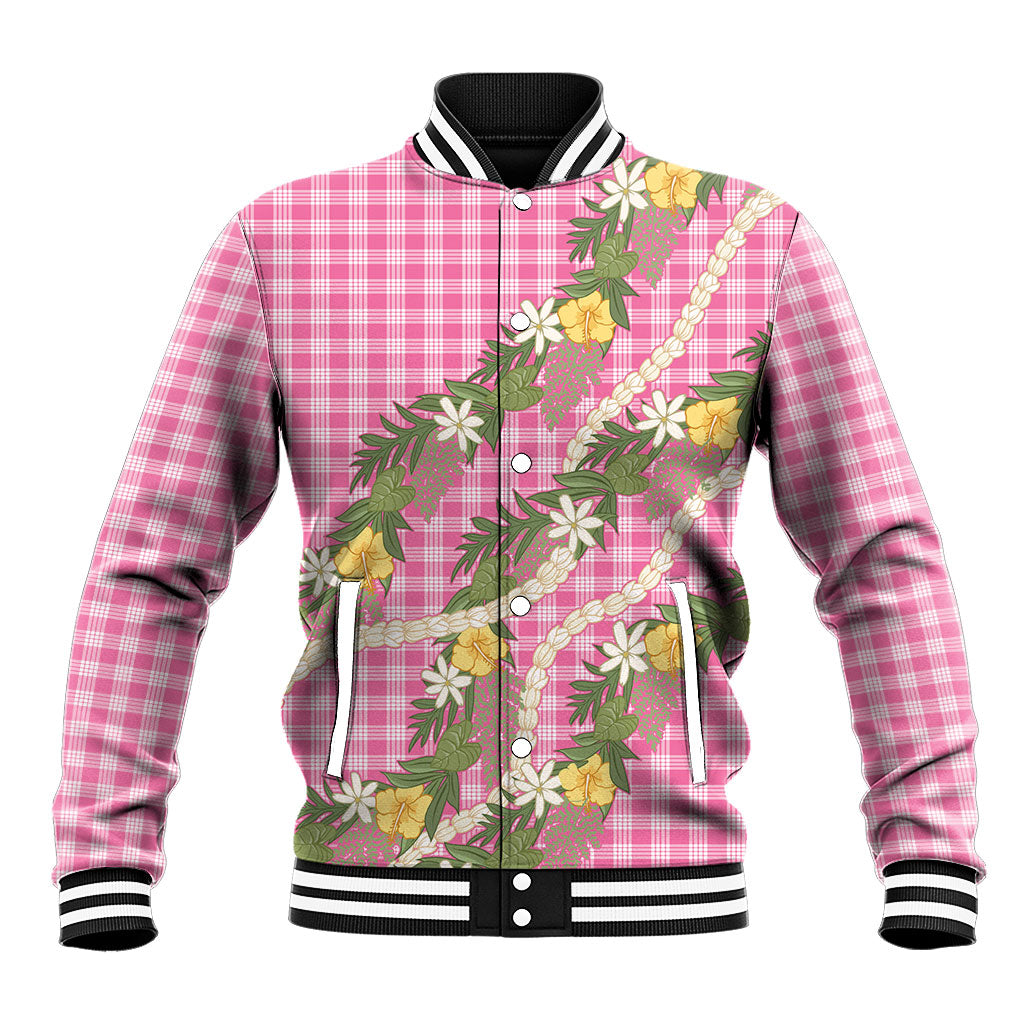 Aloha Puakenikeni Anthurium Pikake Lei Baseball Jacket Tropical Pink Hawaiian Palaka Pattern LT9 Unisex Pink - Polynesian Pride