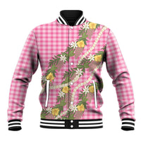 Aloha Puakenikeni Anthurium Pikake Lei Baseball Jacket Tropical Pink Hawaiian Palaka Pattern LT9 Unisex Pink - Polynesian Pride