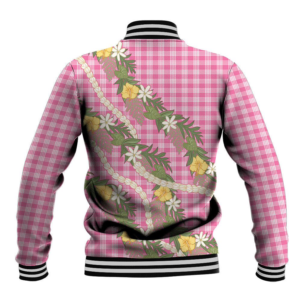 Aloha Puakenikeni Anthurium Pikake Lei Baseball Jacket Tropical Pink Hawaiian Palaka Pattern LT9 - Polynesian Pride