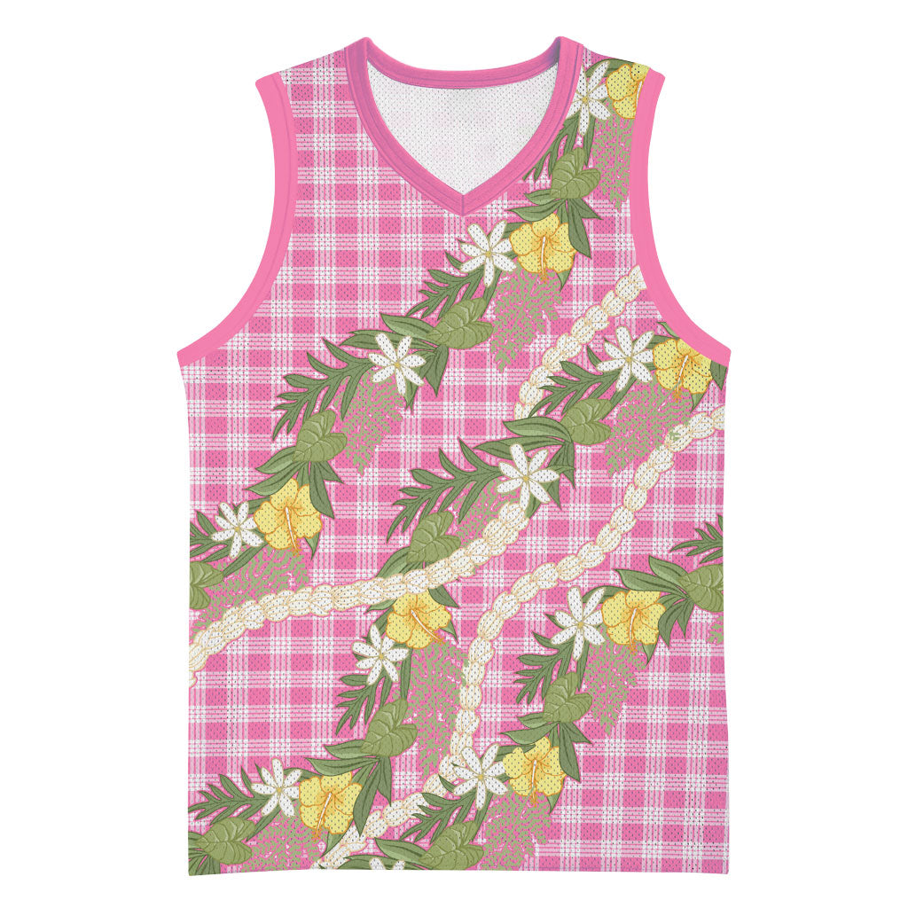 Aloha Puakenikeni Anthurium Pikake Lei Basketball Jersey Tropical Pink Hawaiian Palaka Pattern
