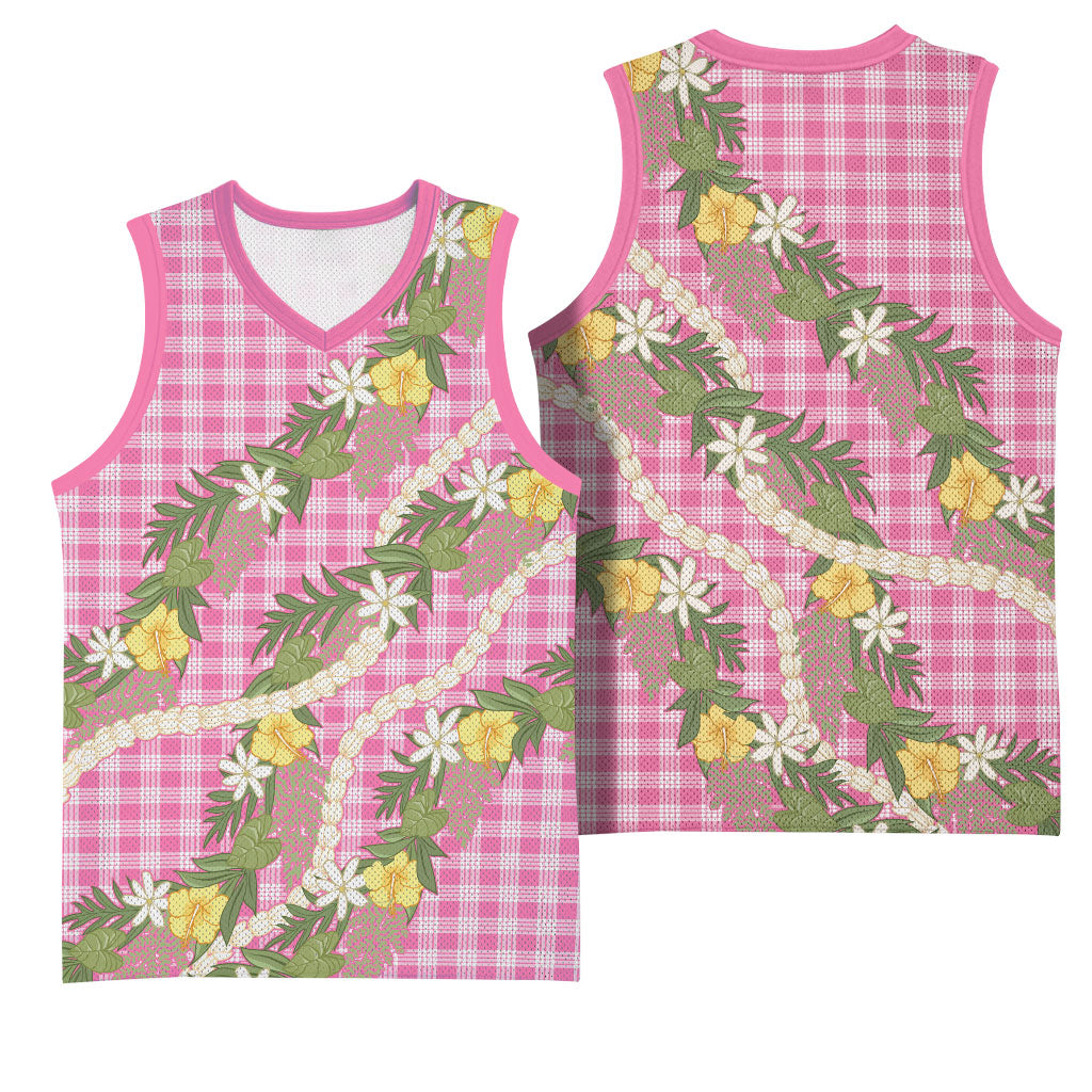Aloha Puakenikeni Anthurium Pikake Lei Basketball Jersey Tropical Pink Hawaiian Palaka Pattern