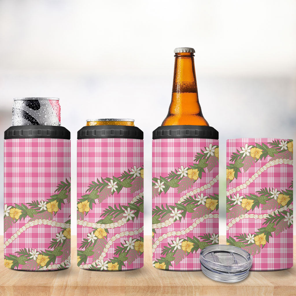 Aloha Puakenikeni Anthurium Pikake Lei 4 in 1 Can Cooler Tumbler Tropical Pink Hawaiian Palaka Pattern