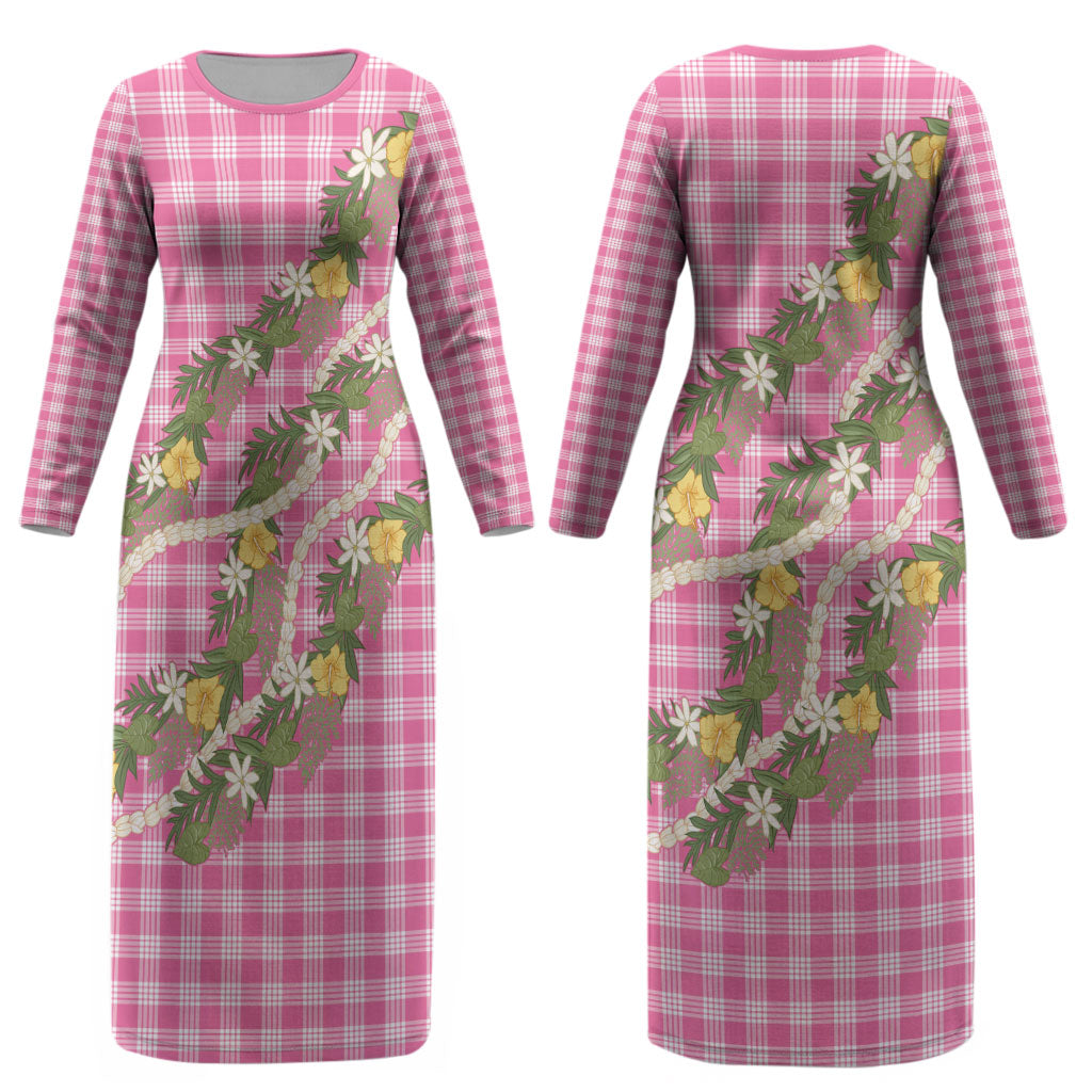 Aloha Puakenikeni Anthurium Pikake Lei Couples Matching Long Sleeve Bodycon Dress and Hawaiian Shirt Tropical Pink Hawaiian Palaka Pattern LT9 - Polynesian Pride
