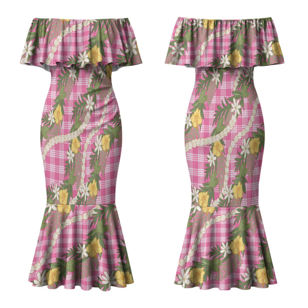 Aloha Puakenikeni Anthurium Pikake Lei Couples Matching Mermaid Dress and Hawaiian Shirt Tropical Pink Hawaiian Palaka Pattern LT9 - Polynesian Pride