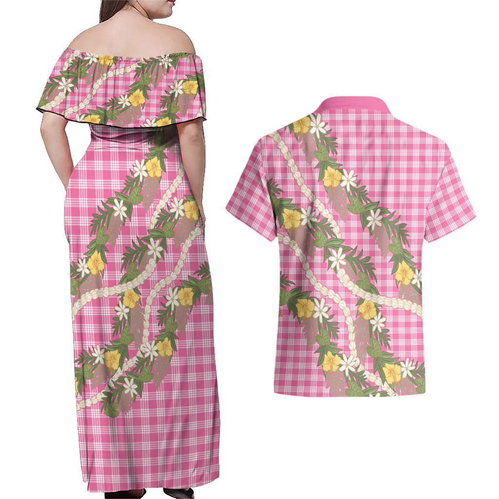 Aloha Puakenikeni Anthurium Pikake Lei Couples Matching Off Shoulder Maxi Dress and Hawaiian Shirt Tropical Pink Hawaiian Palaka Pattern