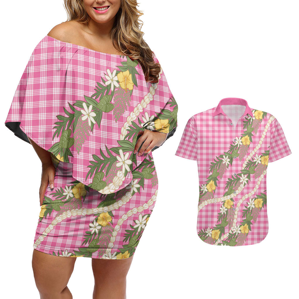 Aloha Puakenikeni Anthurium Pikake Lei Couples Matching Off Shoulder Short Dress and Hawaiian Shirt Tropical Pink Hawaiian Palaka Pattern
