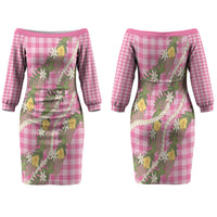 Aloha Puakenikeni Anthurium Pikake Lei Couples Matching Off The Shoulder Long Sleeve Dress and Long Sleeve Button Shirt Tropical Pink Hawaiian Palaka Pattern LT9 - Polynesian Pride