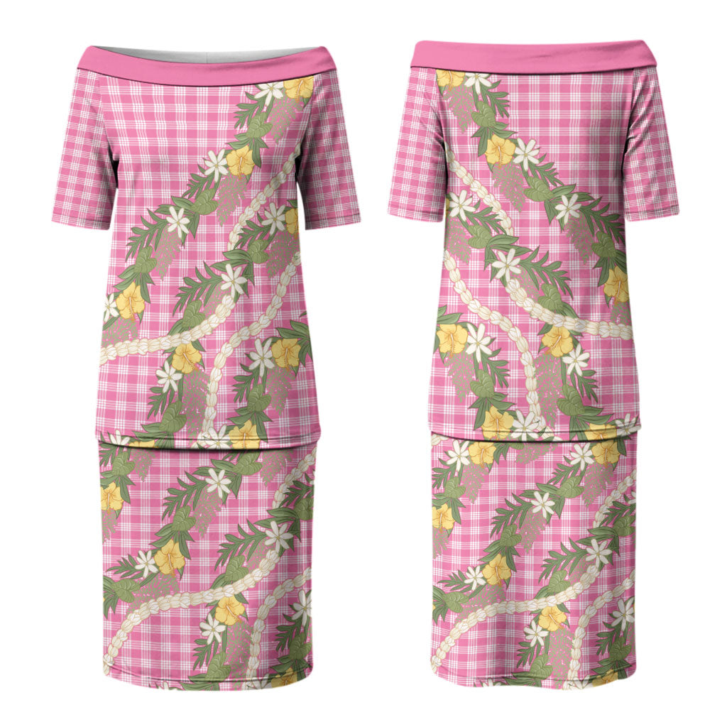 Aloha Puakenikeni Anthurium Pikake Lei Couples Matching Puletasi and Long Sleeve Button Shirt Tropical Pink Hawaiian Palaka Pattern LT9 - Polynesian Pride