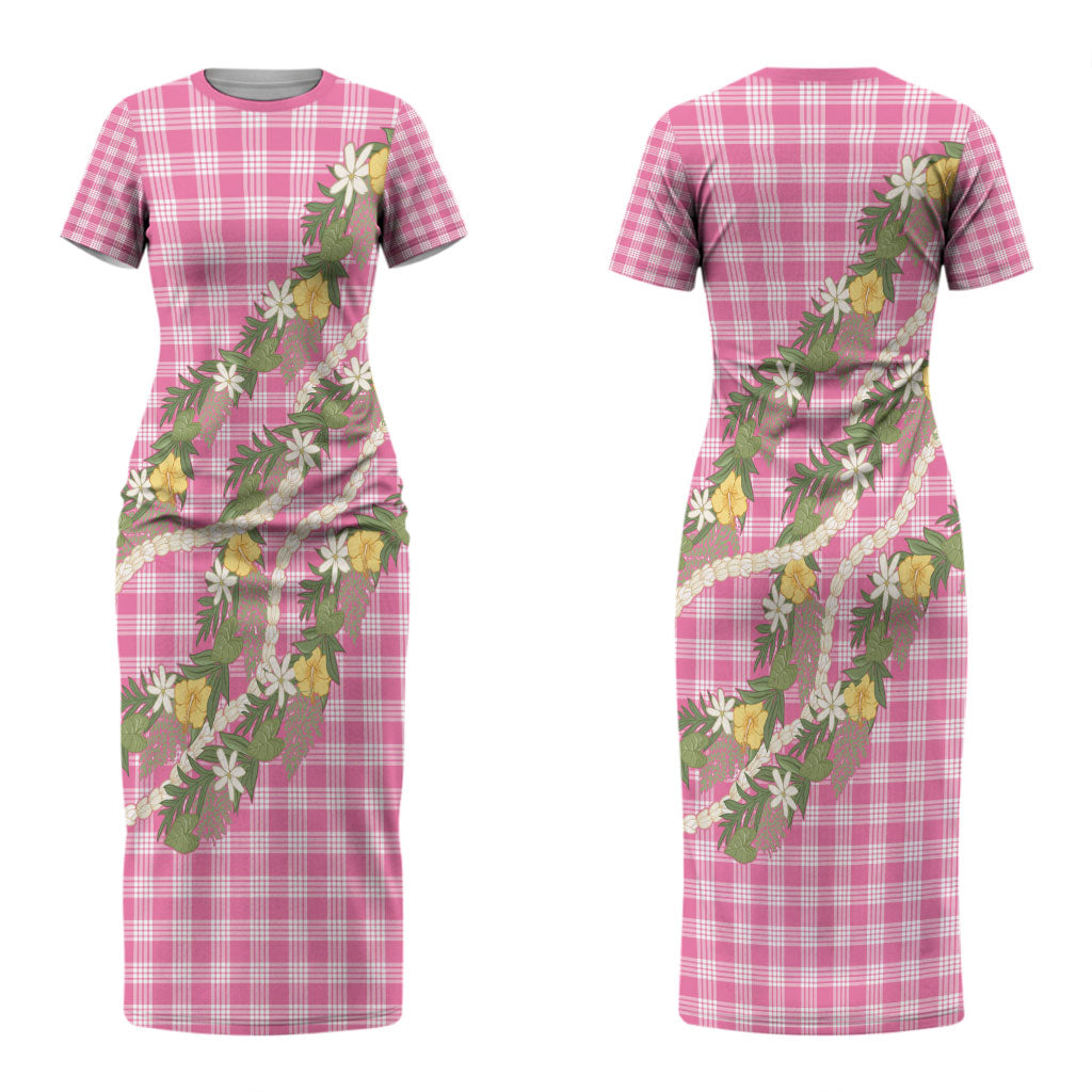 Aloha Puakenikeni Anthurium Pikake Lei Couples Matching Short Sleeve Bodycon Dress and Long Sleeve Button Shirt Tropical Pink Hawaiian Palaka Pattern LT9 - Polynesian Pride