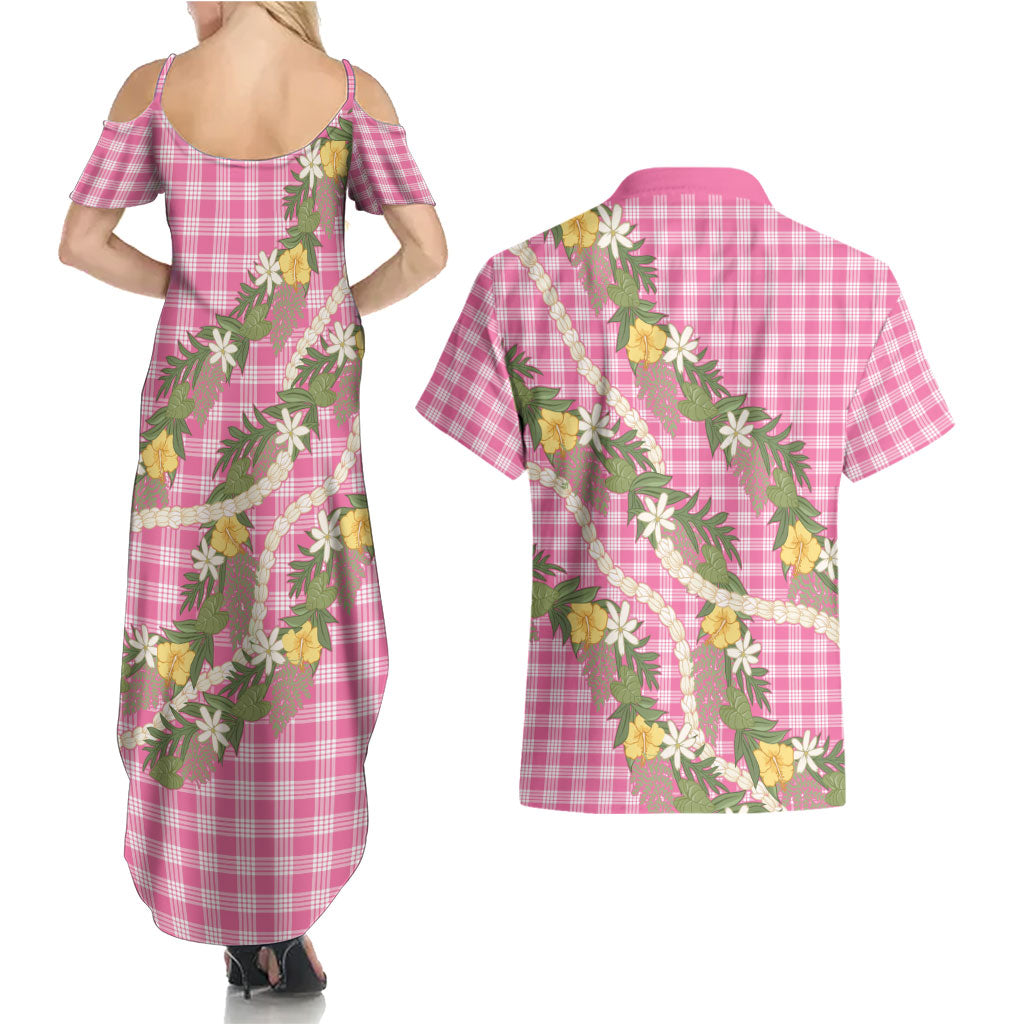 Aloha Puakenikeni Anthurium Pikake Lei Couples Matching Summer Maxi Dress and Hawaiian Shirt Tropical Pink Hawaiian Palaka Pattern